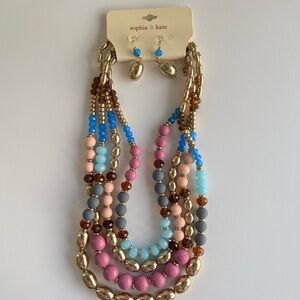 Multicolor Beaded Layered Necklace with Earrings - Blue, Pink, Gray